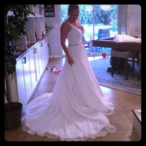 Morilee White wedding gown with cathedral veil